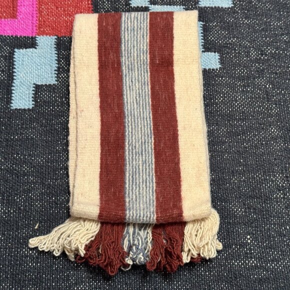 Ecuadorian 100% Wool Fringed Striped Scarf, Cream with Brown/Blue Stripes - Picture 1 of 12